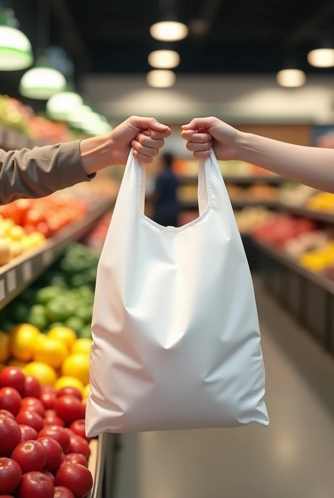 Create a white polypropylene grocery bag with a customer holding the bag in the produce section