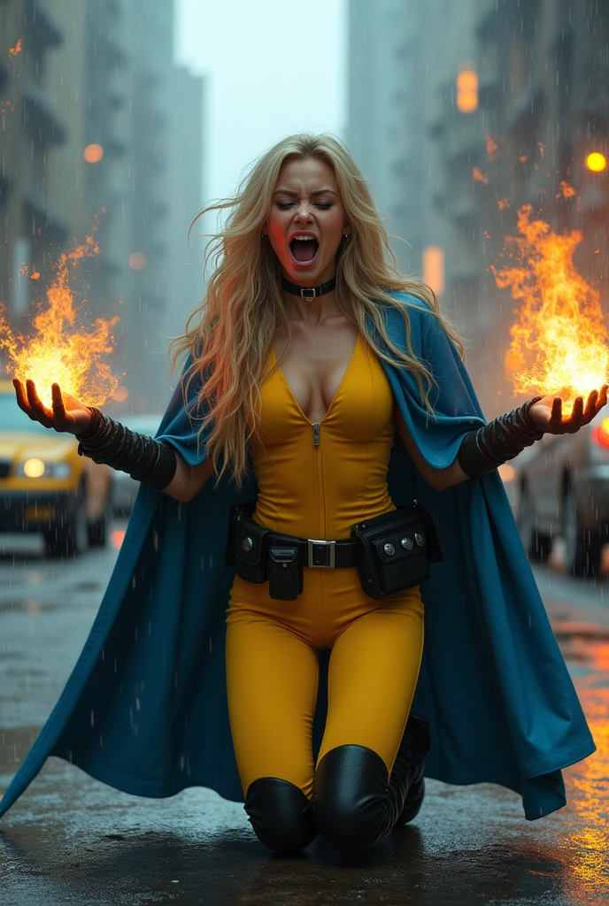 A beautiful woman with long blonde hair wearing a yellow jumpsuit in leather blue cape boots and black gloves long boots up to her knees wide black gym belt in an apocalyptic rainy city cars and buildings on fire magic in her hands knees screaming exhausted after an extensive battle magic in her hands blue cape