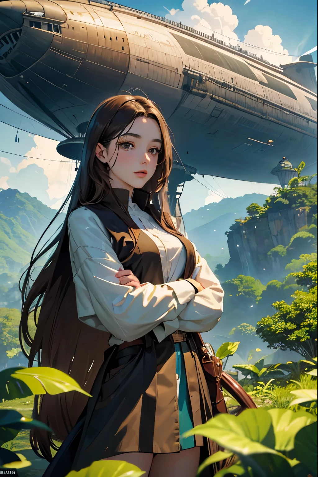 Master piece, 18 years old, young girl, Dark Brown Long hair, posing in front of full view of airship floating. jungle with green mountain background.