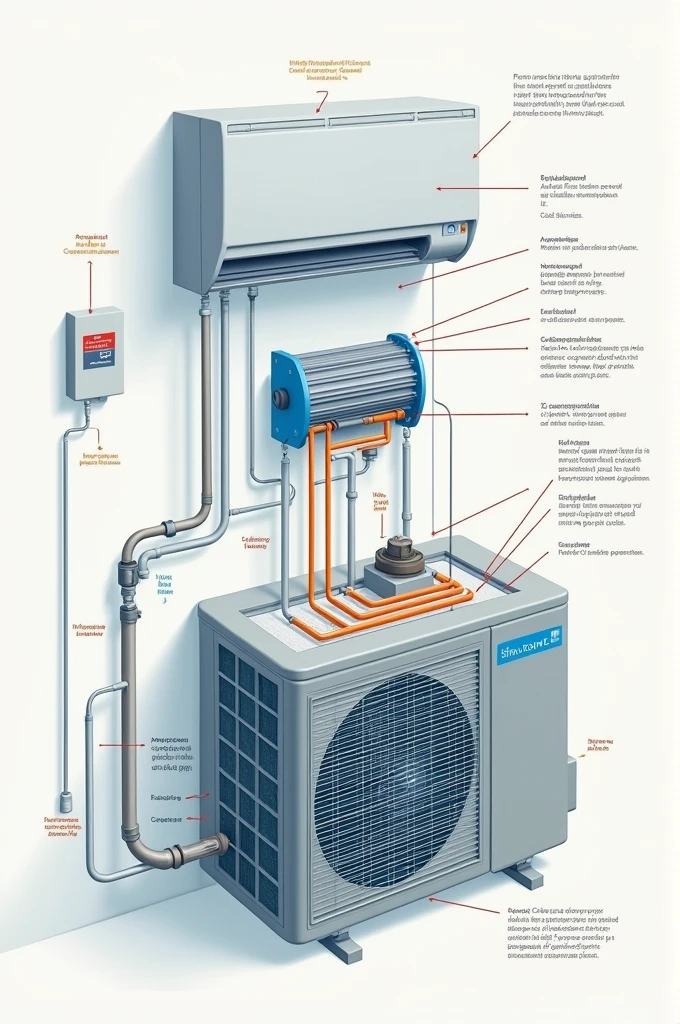 A simple diagram showing the main parts of an air conditioner, including refrigerant, compressor and coils.