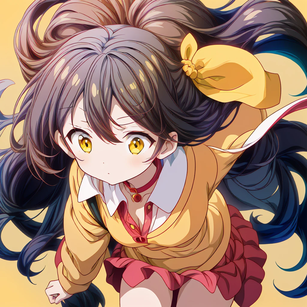 1girl,(((Perfect Anatomy、Highest quality、Masterpiece、Official Art、Super detailed、Dynamic structure、Anime Style)))、Elementary school students、Red dress with large yellow buttons around the waist、White Y-shirt、Red on the neck🎀、White knee-high socks、Brown Loafers、Carrying a red backpack、A soprano recorder is visible from the school bag.、Being buffeted by strong winds、Image from above、Strong wind blowing from the viewer's side、Strong wind blowing from the direction of travel, hair blowing back、Yellow simple background、Black Hair、