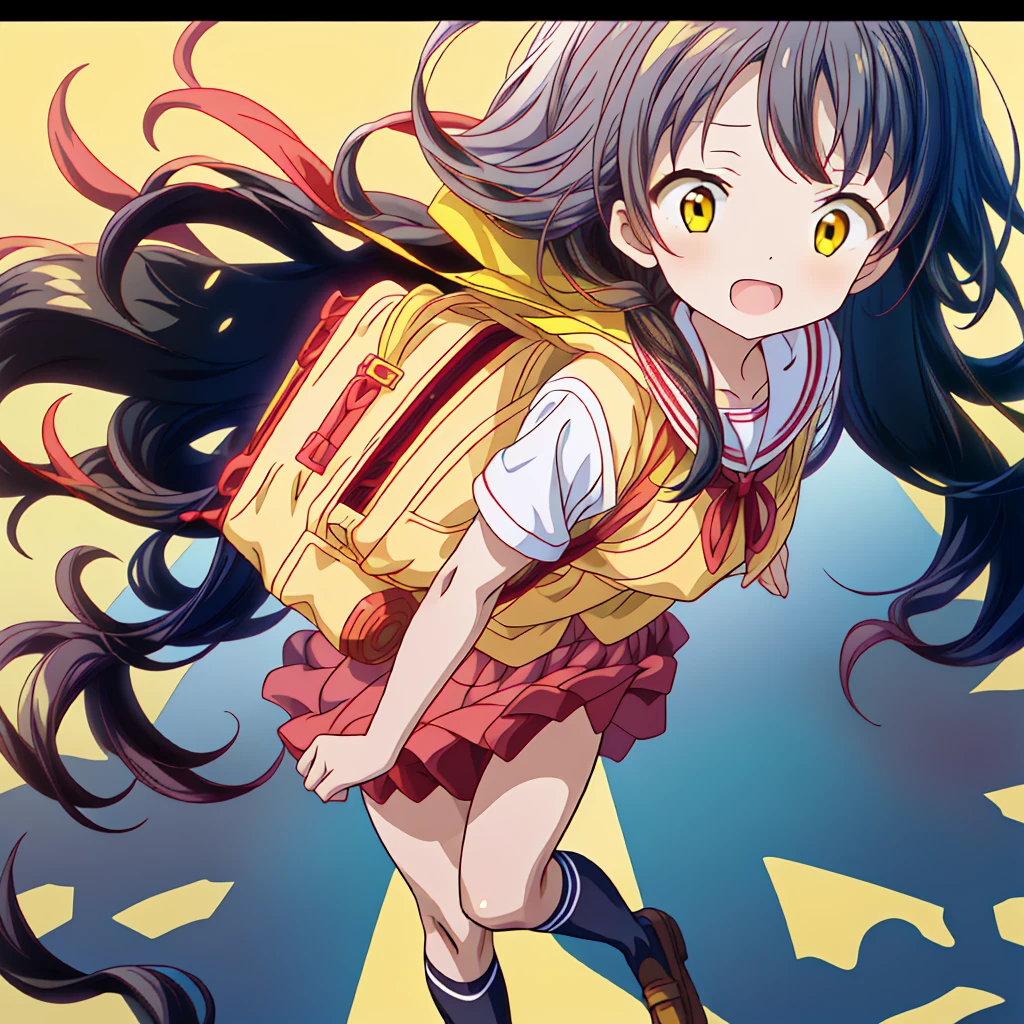 1girl,(((Perfect Anatomy、Highest quality、Masterpiece、Official Art、Super detailed、Dynamic structure、Anime Style)))、Elementary school students、Red dress with large yellow buttons around the waist、White Y-shirt、Red on the neck🎀、White knee-high socks、Brown Loafers、Carrying a red backpack、A soprano recorder is visible from the school bag.、Being buffeted by strong winds、Image from above、Strong wind blowing from the viewer's side、Strong wind blowing from the direction of travel, hair blowing back、Yellow simple background、Black Hair、