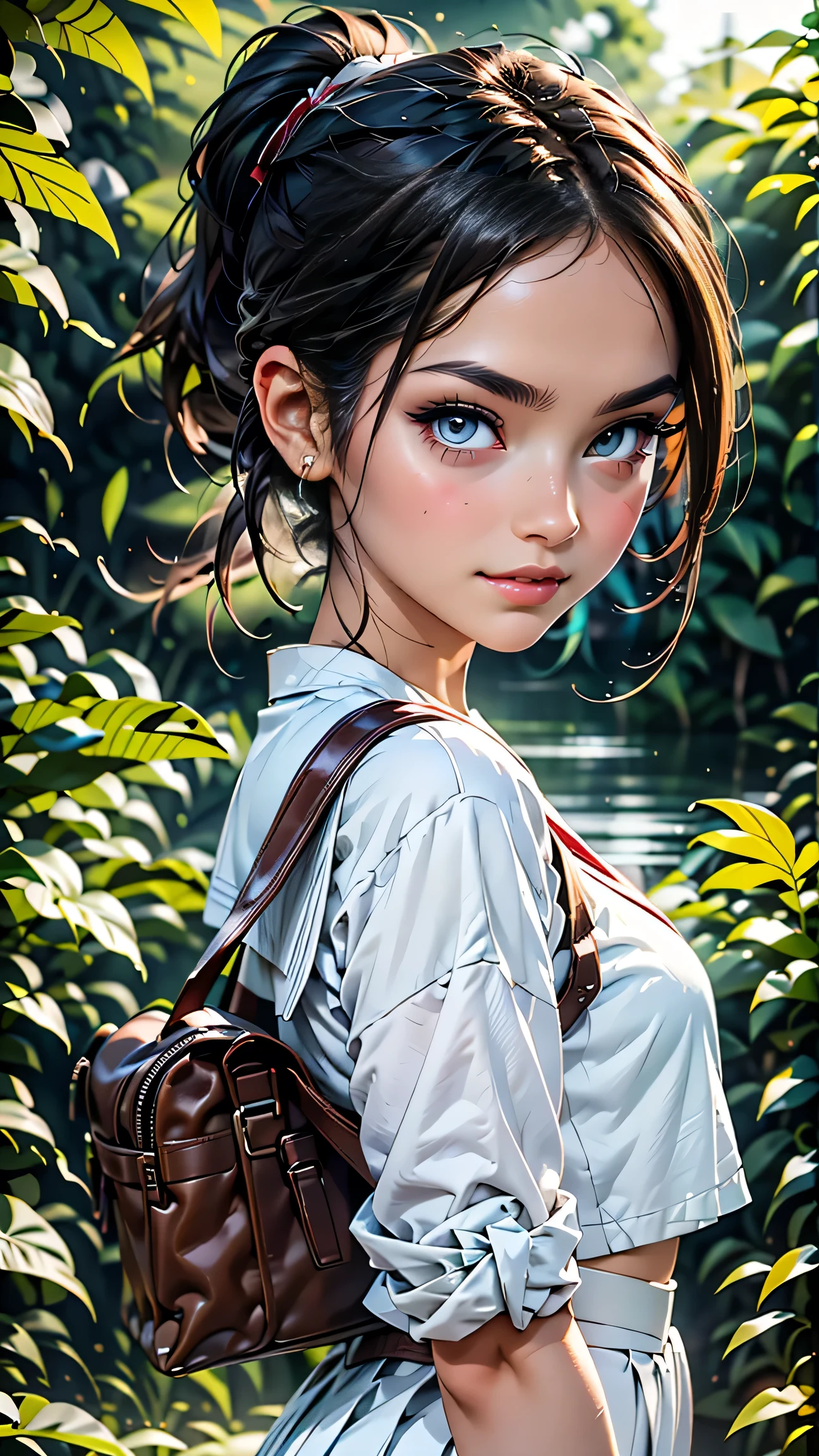 high school girl、White Sailor Suit(summer服)、White pleated skirt、White socks、loafers、ponytail、school bag、summer、sunset、Her underwear is visible through her old clothes.、In the depths of the night forest,、masterpiece, 最high quality, high quality, High resolution, (((Upper body portrait)))、Upper body portrait、black eye、With a smile