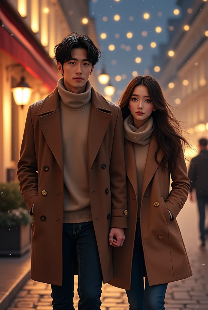 Tanned japanese handsome man holds a tanned japanese woman's hand, both wearing warm winter outfit in soft colors, the woman;s hair is long wavy loose, highlighted brown. they both walking, under the streetlight in paris sidewalk, snows fall from sky at night, focus on couples, both looking at camera, soft smile. bokeh, full body shot, ultimate photorealistic.