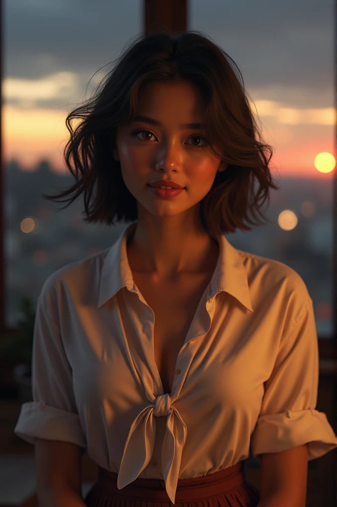 (8k, 4 RAW photos, Best Quality, masterpiece: 1.2), (realist, fotorrealist: 1.37), ultra detailed,
1 18 year old Mexican girl, linda, solitary, beautiful detailed sky, Detailed coffee, evening, sitting, other, (blush on the nose), (smile: 1.1), (Closed mouth), big breasts, smile seductora, great separation, Professional lighting, Sony A7R4 , Zessie 50mm f1.8,
medium breasts, Beautiful and detailed eyes (Collared shirt: 1.1), bow tie, pleated skirt (short hair: 1.2), floating hair
