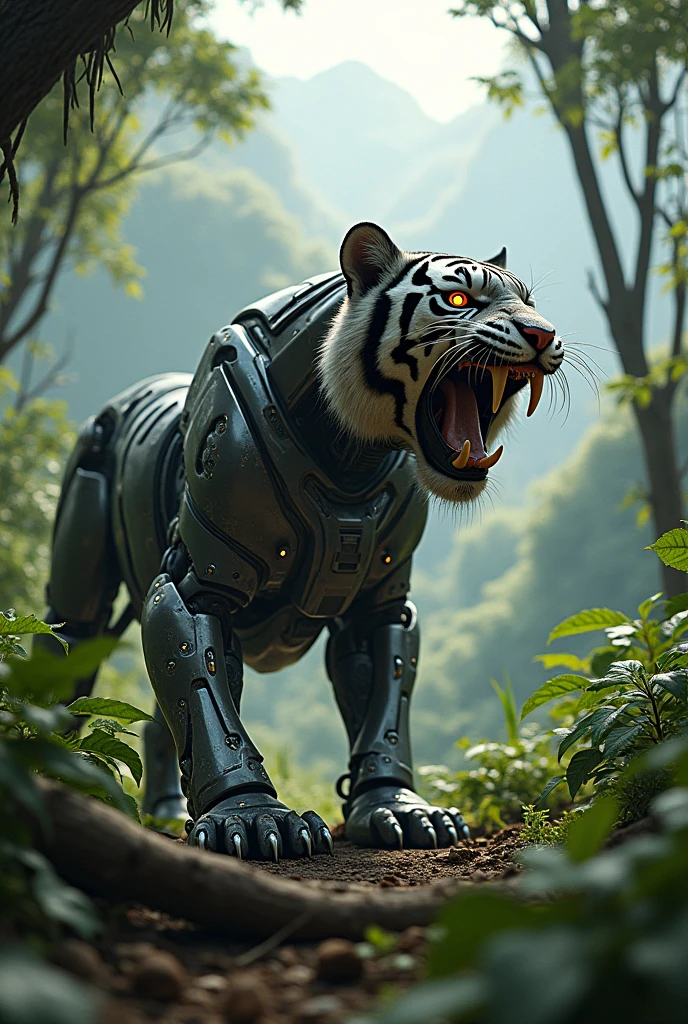 Photorealism 1.2 high definitions  high details bionic tiger robotic at jungle roaring at hills