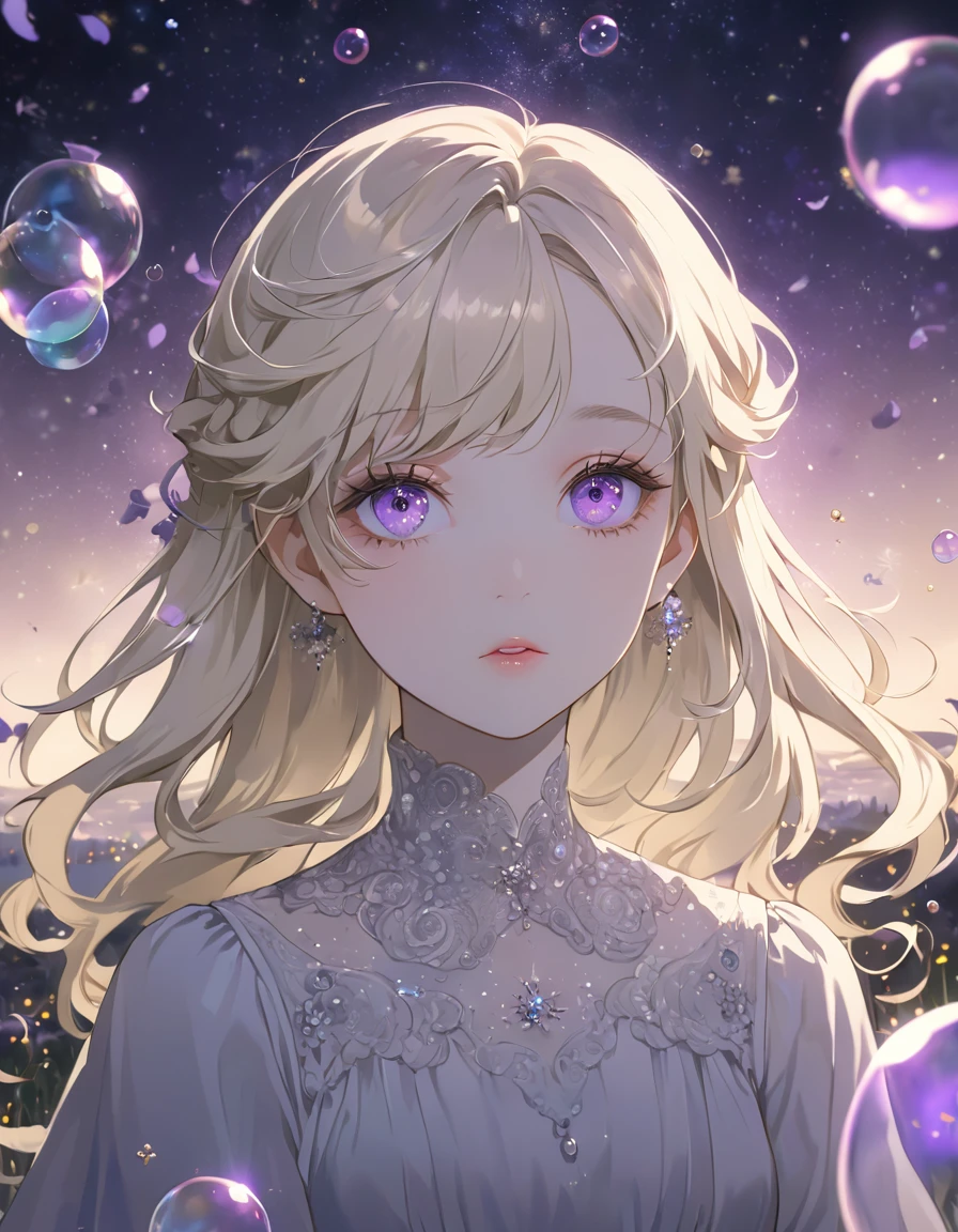 (Highest quality:1.2), Beautiful lo-fi minimalist vibe, Cute, a beautiful anime style girl with light blonde hair, violet eyes, blowing bubbles under a starry night sky, extremely detailed face and eyes, long eyelashes, natural expression, elegant dress, soft lighting, muted colors, cinematic composition, fantasy, dream-like, surreal atmosphere
