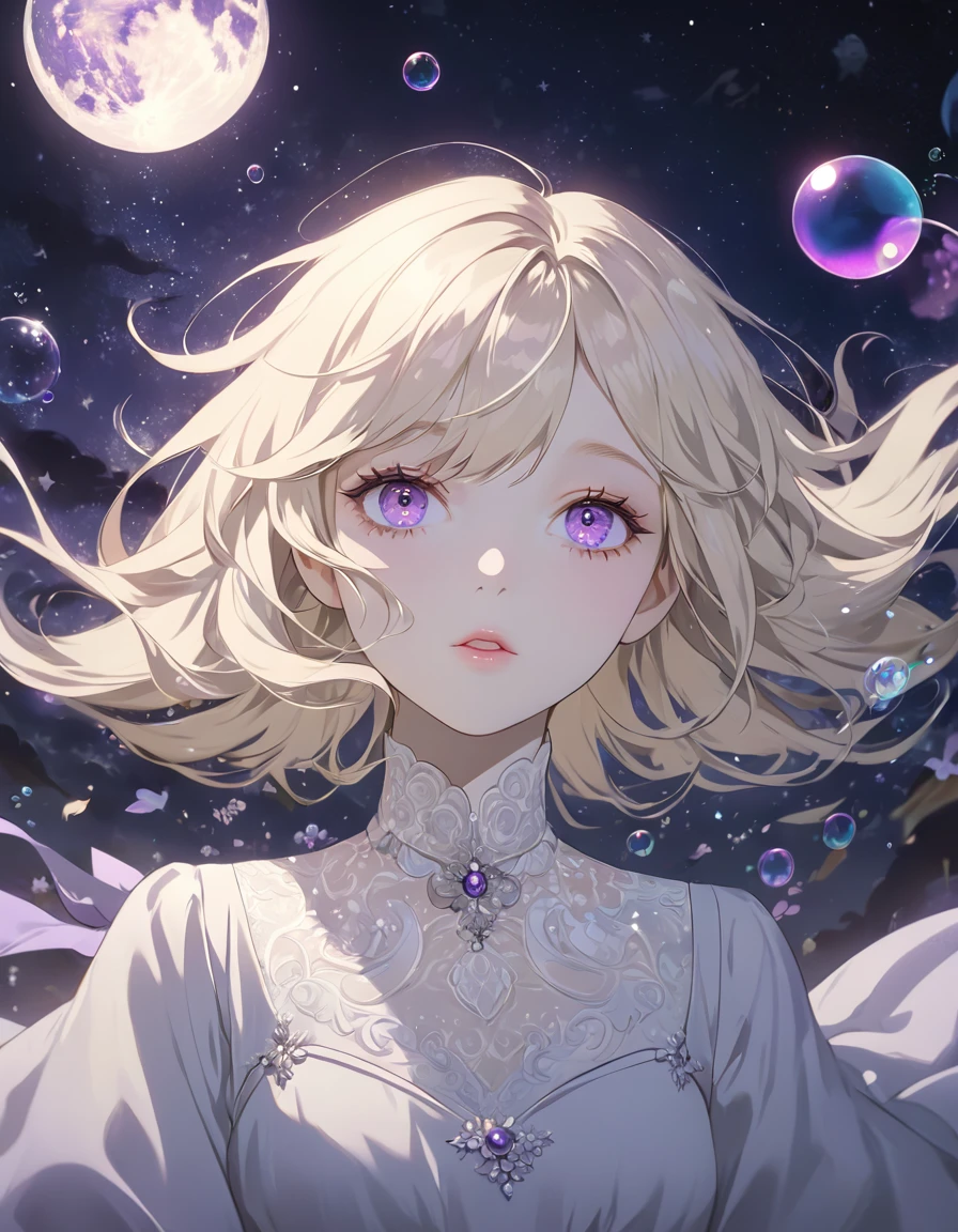 (Highest quality:1.2), Beautiful lo-fi minimalist vibe, Cute, a beautiful anime style girl with light blonde hair, violet eyes, blowing bubbles under a starry night sky, extremely detailed face and eyes, long eyelashes, natural expression, elegant dress, soft lighting, muted colors, cinematic composition, fantasy, dream-like, surreal atmosphere