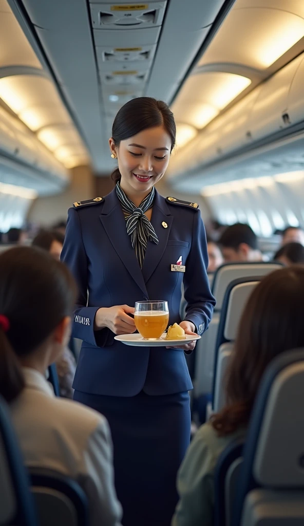 Very beautiful stewardess, Beverage service, All Nippon Airlines, whole body, Inside the plane