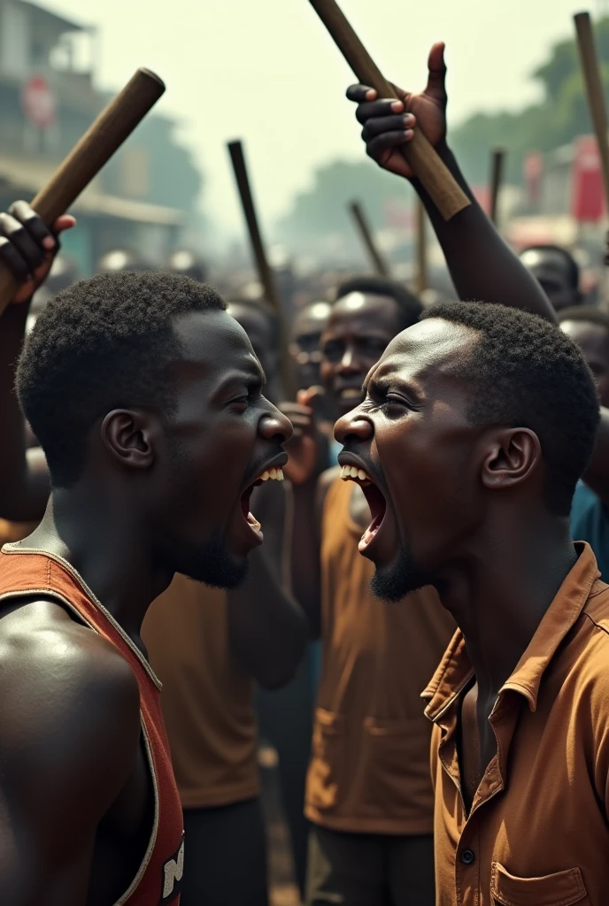 Crowds of angry people, showing the initial tension between Hutu and Tutsi communities. Close-ups of people shouting, holding weapons, and chaos beginning to unfold.