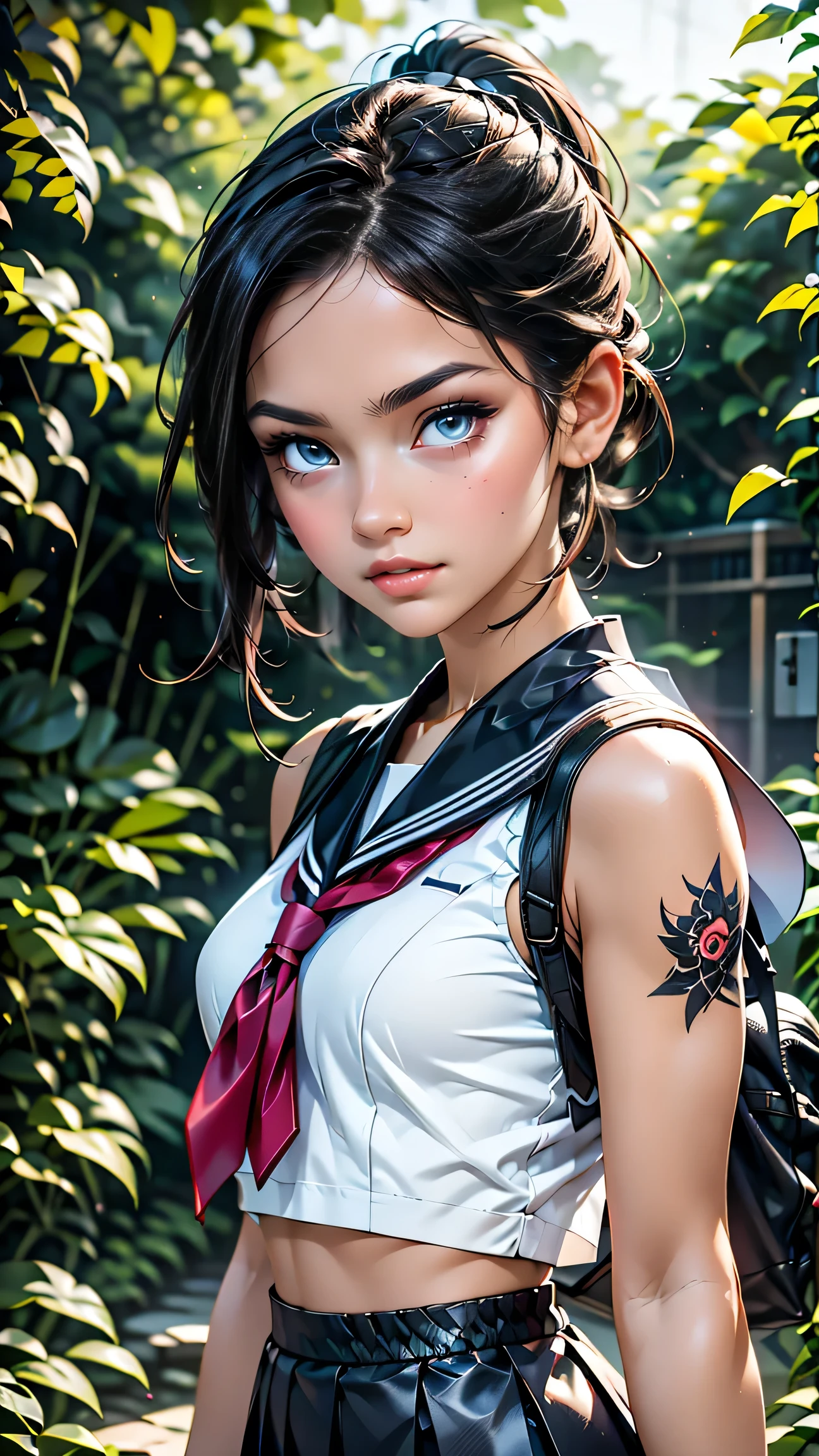 high school girl、White Sailor Suit(summer服)、White pleated skirt、White socks、loafers、ponytail、school bag、summer、sunset、Her underwear is visible through her old clothes.、In the depths of the night forest,、masterpiece, 最high quality, high quality, High resolution, (((Upper body portrait)))、Upper body portrait、black eye、With a smile
