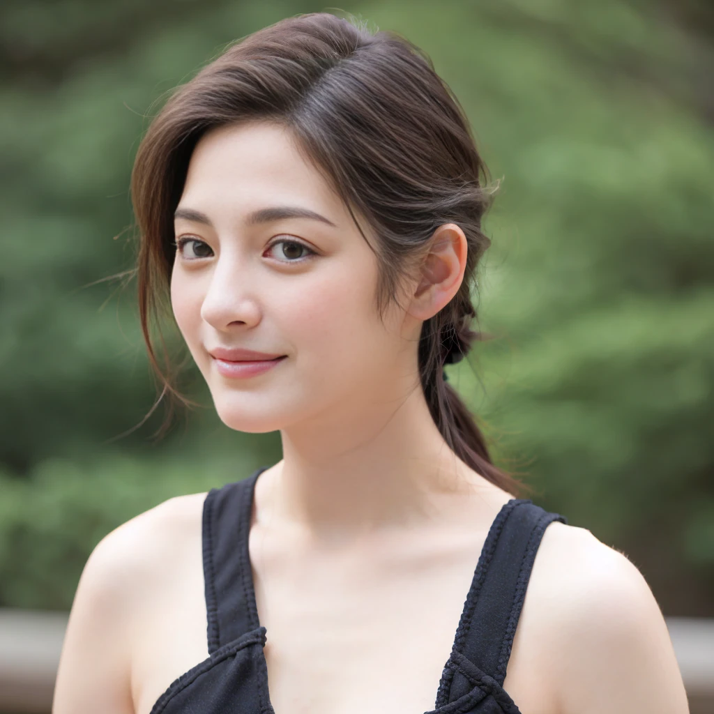 a Close-up portrait of gorgeous smiling cute Japanese woman in a nudity outfit, delicate facial features, porcelain-skinned, ponytail, a fusion of young Marion Cotillard's striking eyes and young Anne Hathaway's introspective gaze, long and slender cute face, Asian winged eyes, wavy nose, full wide lips, flowing very long straight black hair in the air, silhouette, bokeh,