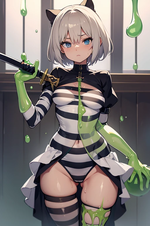 Striped undressed 2B covered in translucent slime and sweat batt Sword