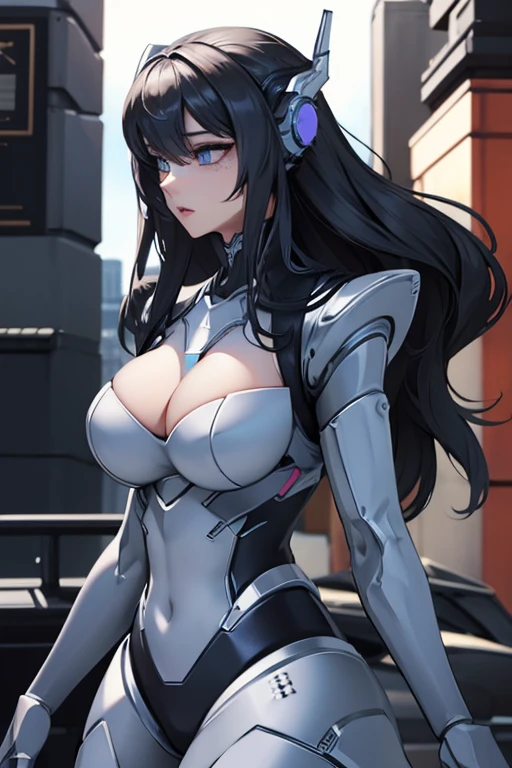 empty eyes,robotization,woman ,big bust,Robot Joint ,Metal skin,Black Suit,long hair,a suit that covers the whole body