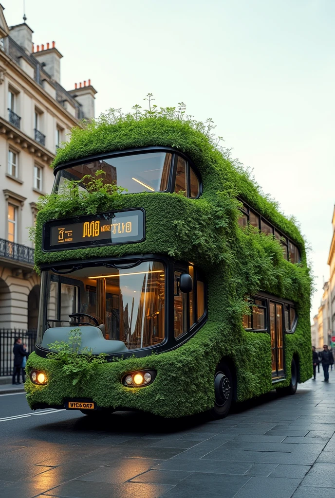 Artistic photography-style image of a 1960s London Double Decker, redesigned by Zaha Hadid with her signature architectural elements—fluid, curvilinear forms, and futuristic aesthetics. The truck’s structure integrates organic shapes and sleek lines, blending with lush vegetation that cascades over its surfaces, adding a touch of surrealism. The scene is set on a central London street, surrounded by historic buildings, with the truck standing out as a modern, living sculpture. Soft lighting highlights the contrasts between the truck's avant-garde design and the traditional cityscape, creating a visually striking composition.