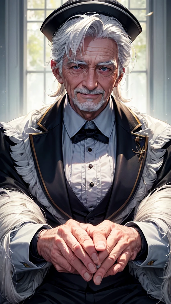 masterpiece, best quality, high resolution, closeup portrait, a male, white hair, Servant uniform, amazing composition, front view, HDR, ultra quality, elegant, highly detailed, old man, handsome grandpa, smile