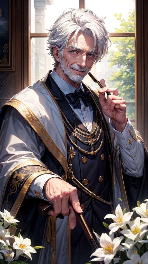 masterpiece, best quality, high resolution, closeup portrait, a male, white hair, Servant uniform, amazing composition, front view, HDR, ultra quality, elegant, highly detailed, old man, handsome grandpa, smile