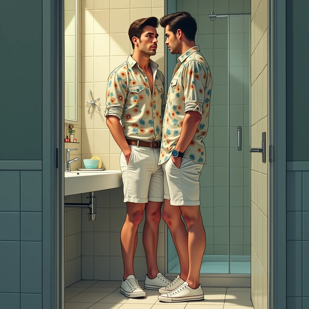 A white man, aged 35, model type, with short dark hair, with blue eyes, wearing a flowered shirt buttoned all the way up, White shorts, tennis, in the bathroom looking at herself in the mirror