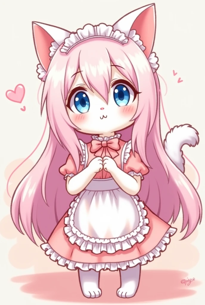 >furry cat with white hair, big pastel blue eyes, Long hair with pastel pink bangs but more noticeable pink, with a maid-type dress but with something to do with sweets and preferably pastel pink, that this stop showing shyness, and that she is very cute and in the style of anime from the 2000s that she has medium breasts, that is 2D