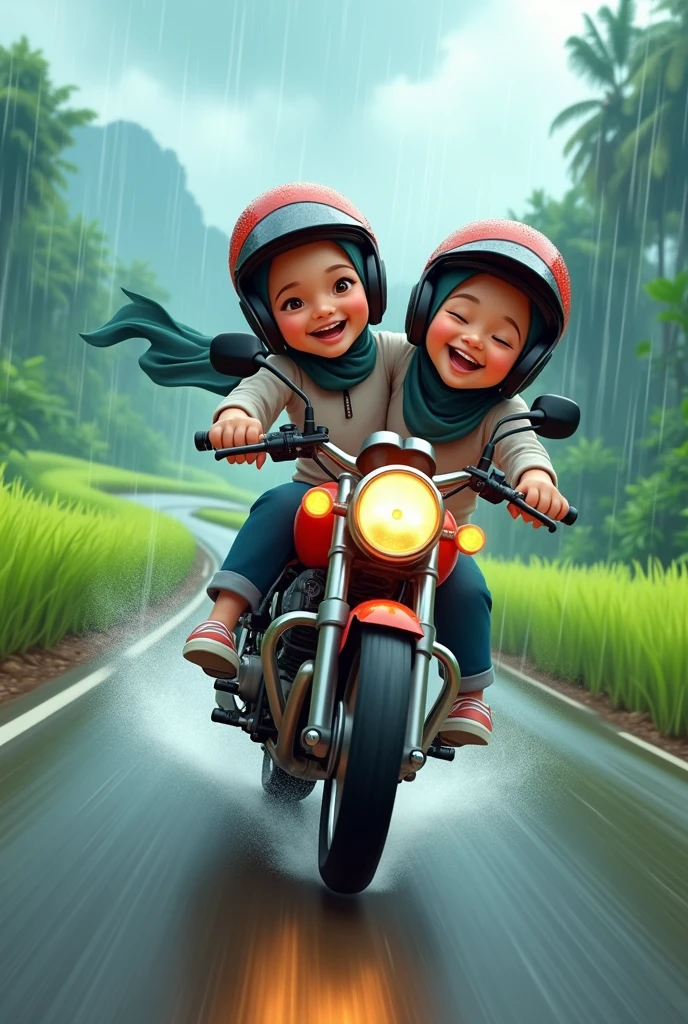 Two muslim cartoon sisters is happily riding the motorcycle eventhough it is rainy along the road with the view of paddyfield, please cover their aurat.