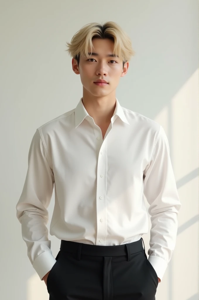 A Korean man, Elegant and attractive with white shirt and black pants, hands in pockets, with a light smile and friendly, natural blonde hair, realist
