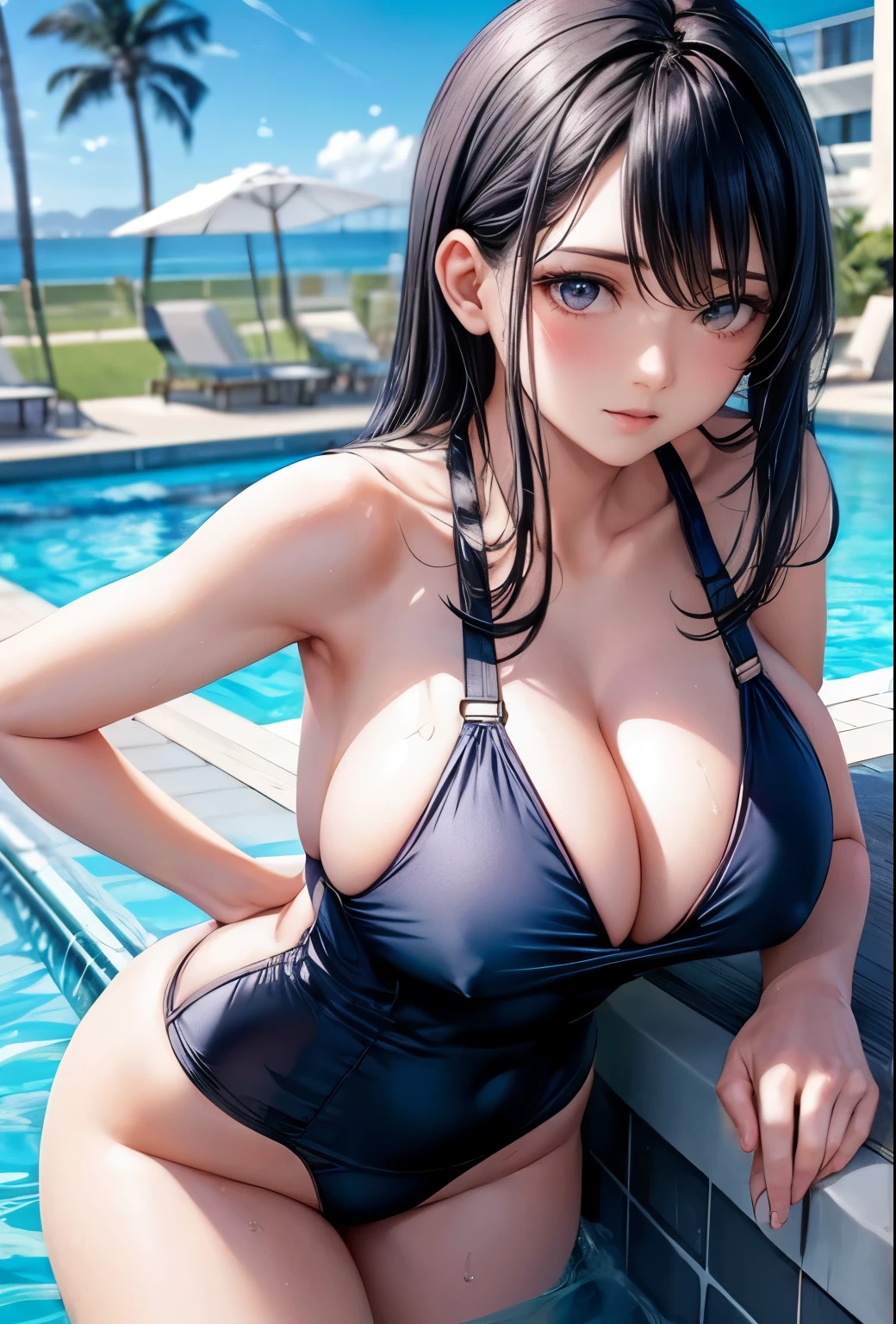 Black Hair　Navy blue new school swimsuit　Big Breasts　Midsummer Pool　Mature Woman