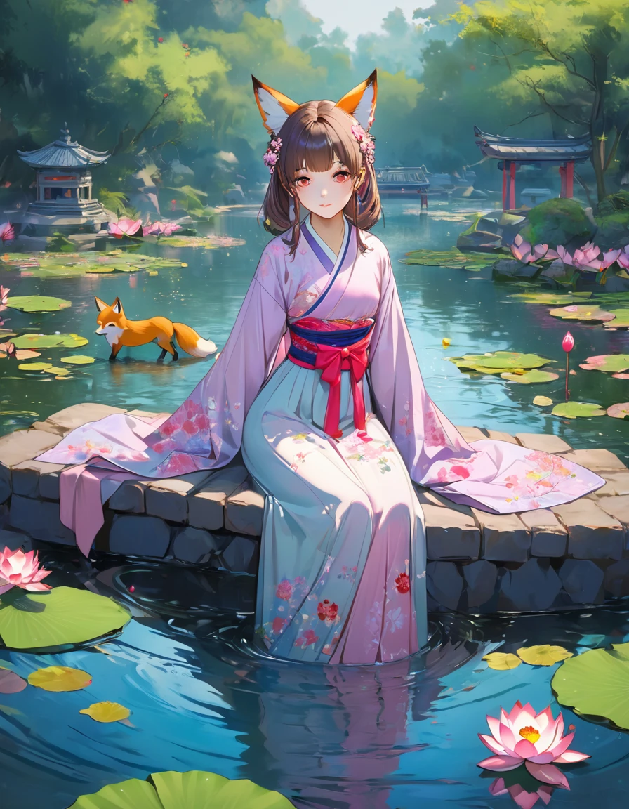 (Highest quality:1.2), Beautiful lo-fi minimalist vibe, Cute absurd, , in the style of unreal engine 5 art style, Glitter, Oil painting style art high resolution, Extremely detailed, (1 Girl:1.3), Hand Painted, Simple lines, -yeld giwearing colorful Chinese Hanfu, Sexy fox ears girl, By the lotus pond, masterpiece, sitting in water, Floating clothes, Flowing hairLight bokeh, (best quality,4k,8k,highres,masterpiece:1.2),ultra-detailed,(realistic,photorealistic,photo-r