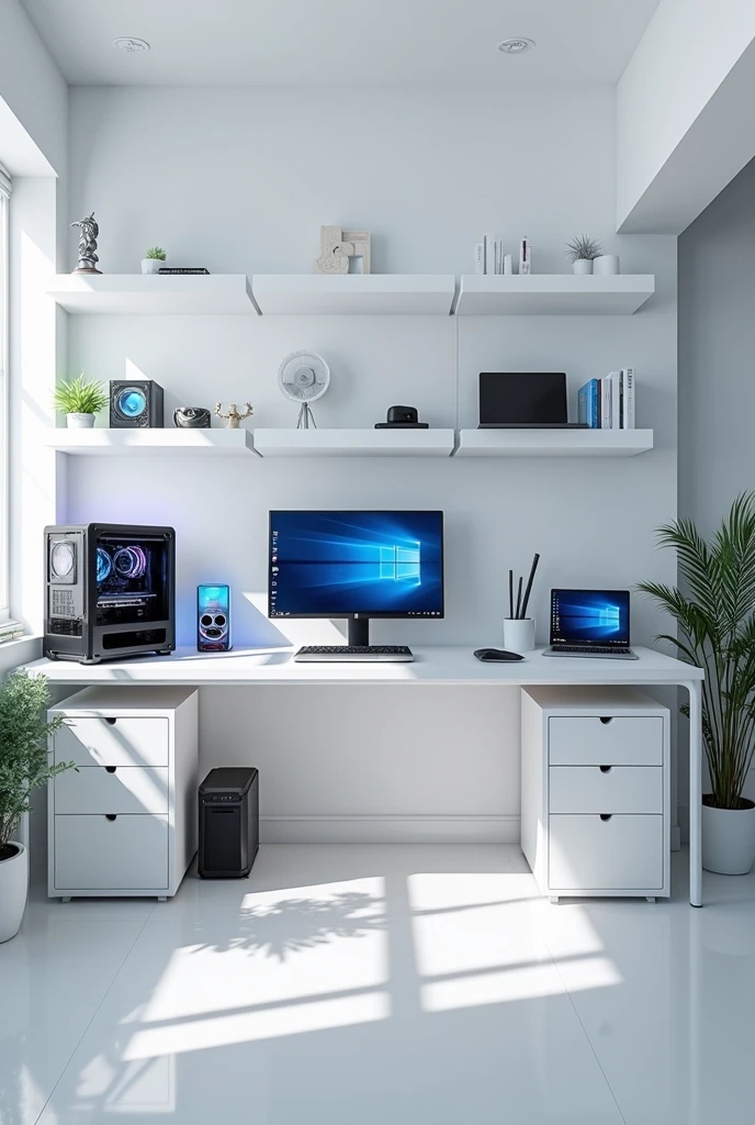 white office with gaming computer and laptop, nice accessories