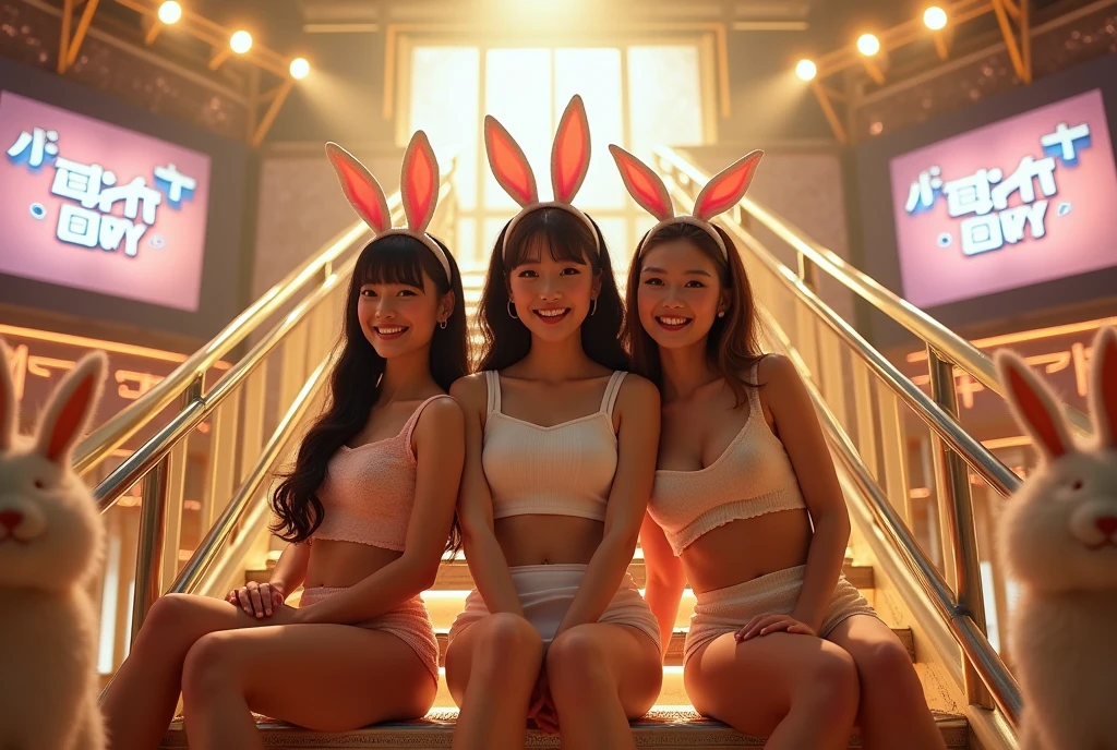 High resolution photos. Focus on group of beautiful Japanese women sitting on metal stairs, Three Girls, 4, Wearing a bunny ear headband, leotard, pantyhose. TV show studios. The background features golden buildings, Realistic stage lighting, 「Bunny Day」A large screen with the words, And there were several rabbit spectators.. Depth of written boundary, Beautiful lighting highlights her realistic smiling face, And with an open mouth. high quality.chest.foot