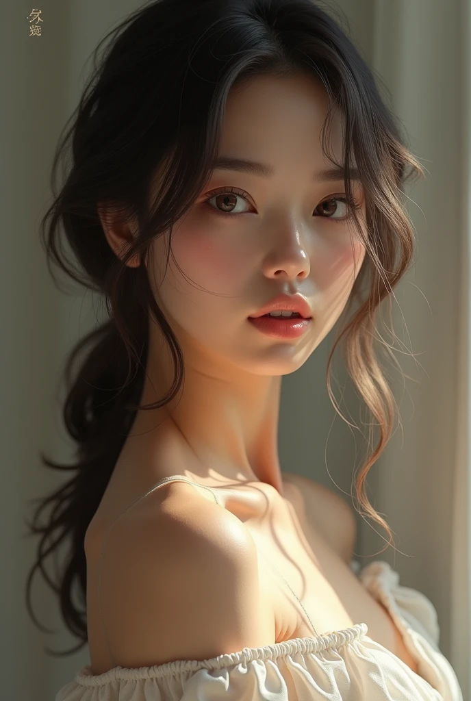 Create an image of a feminine person with very light brown skin, slightly wavy hair in a V cut to the middle of the back and with light brown almond-shaped eyes and long eyelashes, a slightly large nose and medium-sized lips.