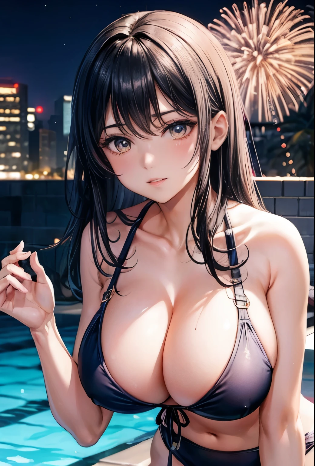 Black Hair Navy blue new school swimsuit Big Breasts Midsummer Night Pool Mature Woman Fireworks
