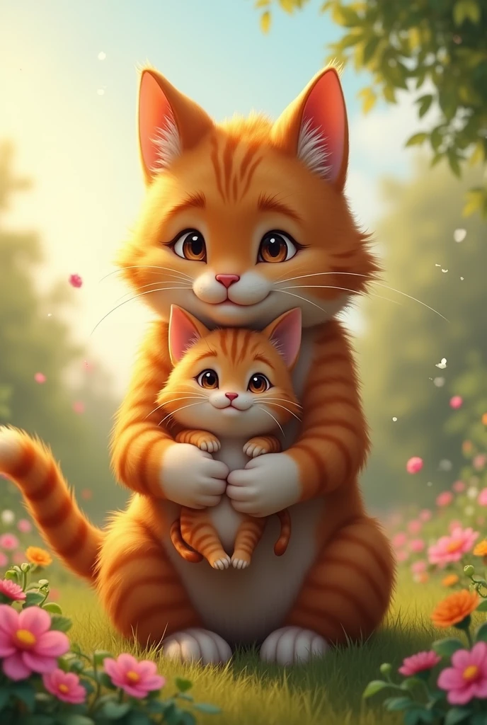 **Whiskers Holding Paws Safe:**
- **Prompt:** "A heartwarming scene set in a peaceful garden, where Whiskers, the cat-human hybrid, holds his tiny kitten, Paws, gently in his arms. The danger has passed, and the sky is now clear and sunny. Whiskers has a look of relief and love in his eyes as he cradles Paws, who is nuzzling against his chest, purring softly. The garden is vibrant with blooming flowers and a warm, golden light, creating a sense of safety and comfort."