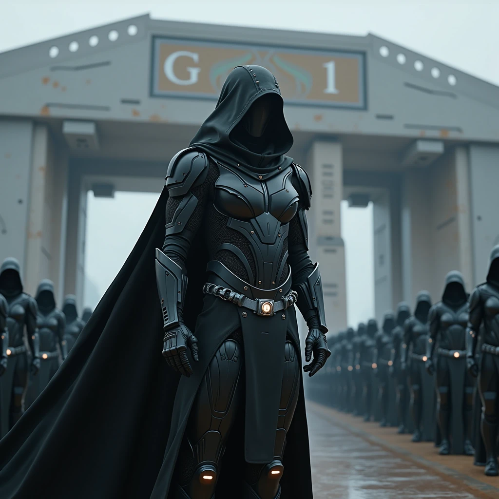 Hooded leader with biomechanical suit and cape, Talking to his horde of black-clad soldiers, on a huge Star Wars style base with the letters GT1.