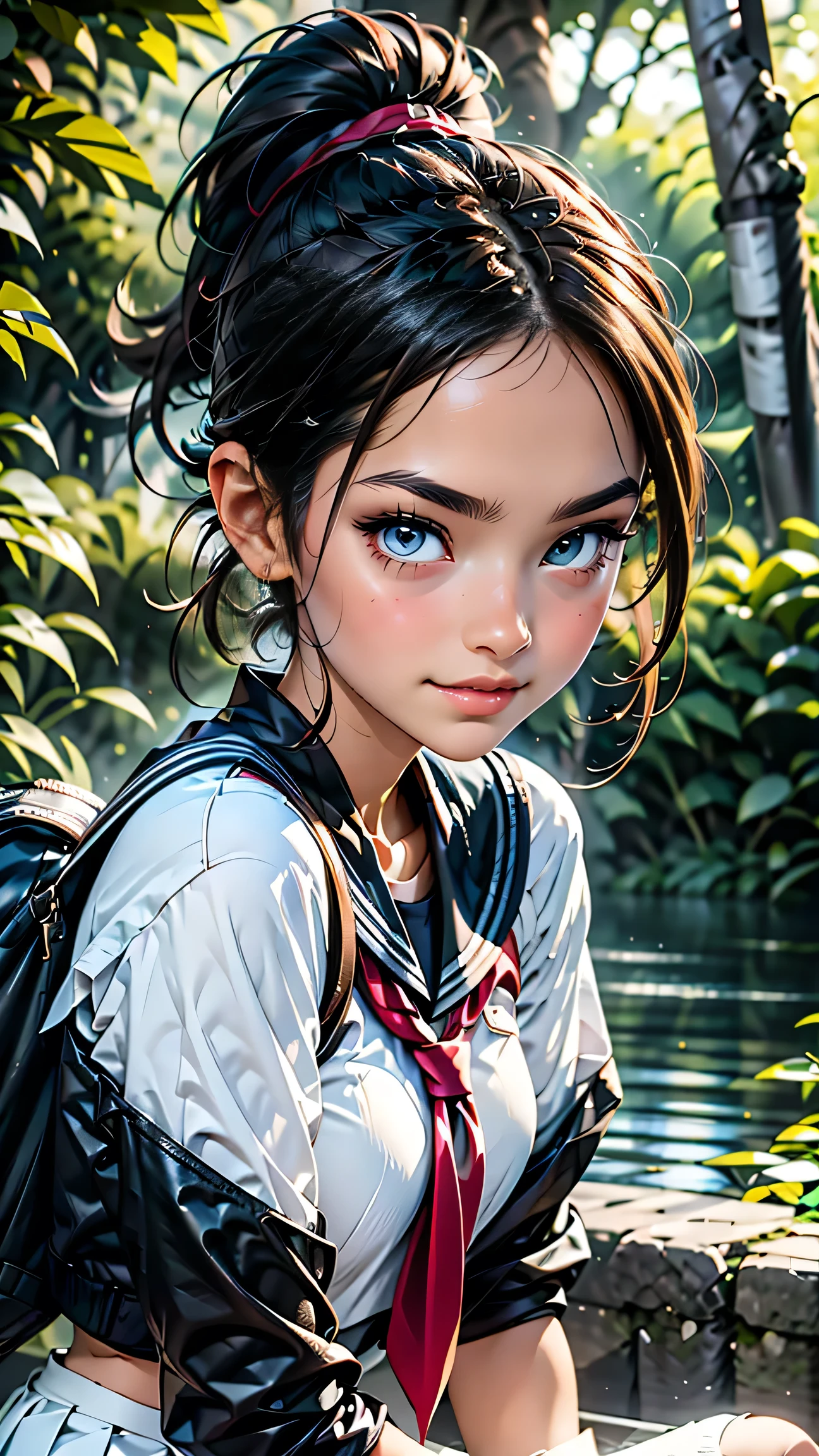 high school girl、White Sailor Suit(summer服)、White pleated skirt、White socks、loafers、ponytail、school bag、summer、sunset、Her underwear is visible through her old clothes.、In the depths of the night forest,、masterpiece, 最high quality, high quality, High resolution, (((Upper body portrait)))、Upper body portrait、black eye、Sitting with a smile