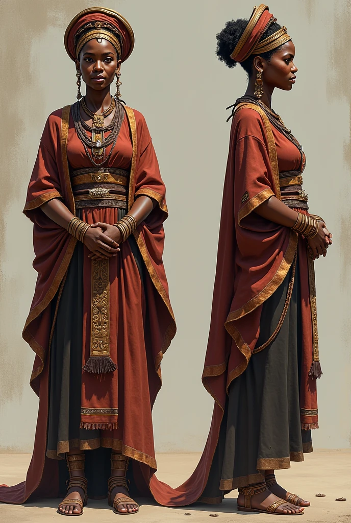 a front view and side view reference image of moremi ajasoro for a game character 