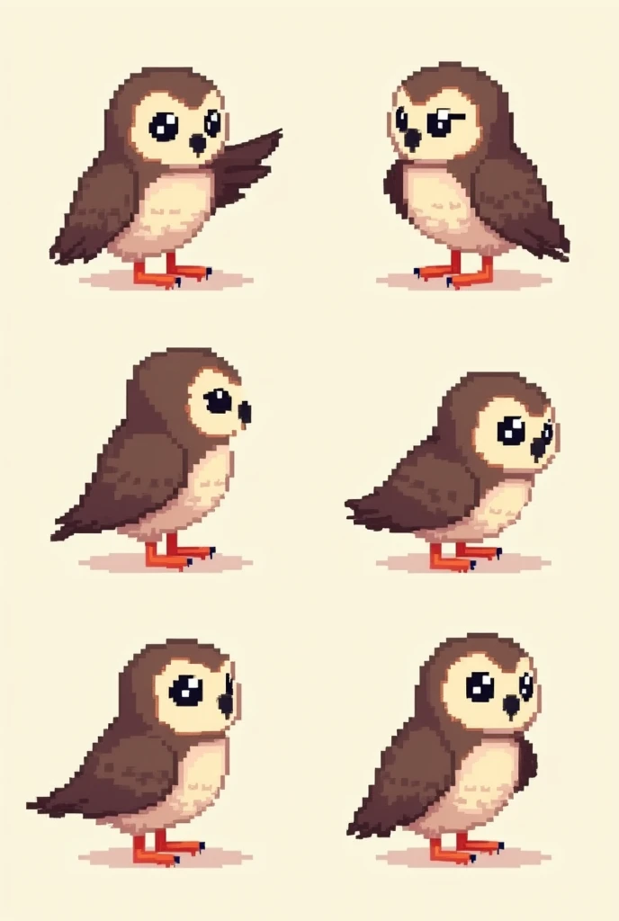 Create a pixelated 2d little owl avatar in 6 different poses, looking to the right, left, back, forward and diagonally