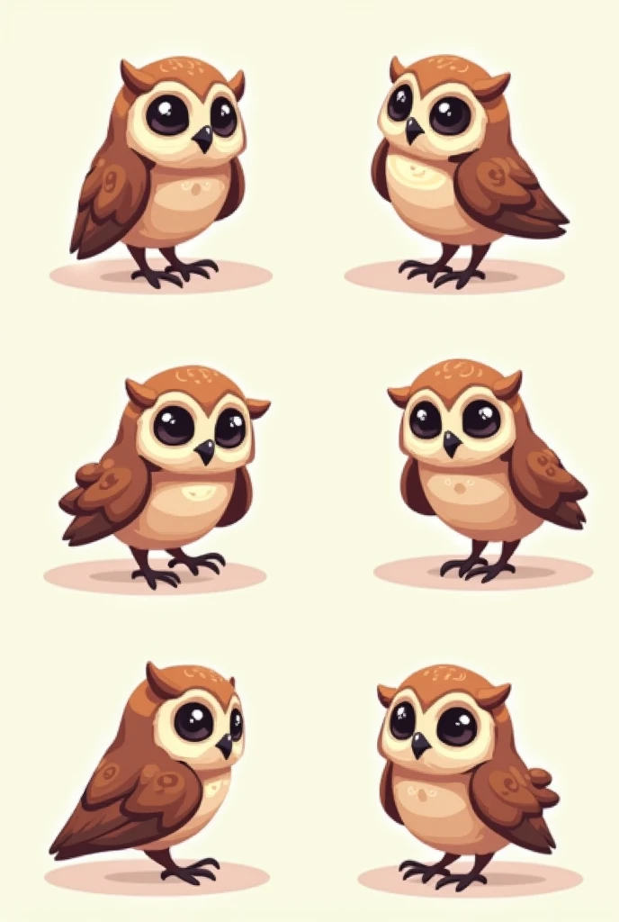 Create a pixelated 2d little owl avatar in 6 different poses, looking to the right, left, back, forward and diagonally