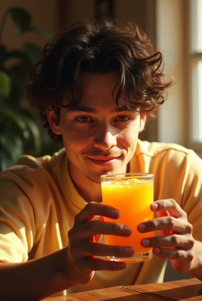 Make a picture of Devon Bostick hugging an orange juice