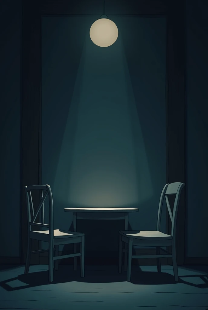 2 chairs in a dark room , a table in the center, little dimlight coming from the chilling reflecting light only in tha table and chairs in the middle of the house. Make it like anime drawing 2d