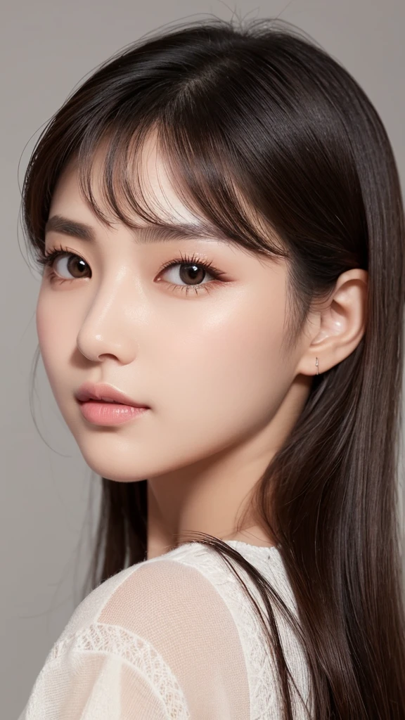 Clear, distinct eyes and nose shadow subtly defining her facial features, giving her a cute and refined look.