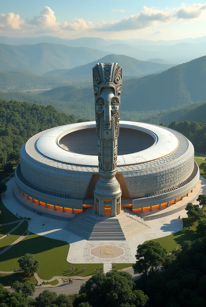 Make me a stadium for Mexico in the 2026 World Cup Make it more modern and with the Aztec stadium with a giant Aztec at the entrance of the stadium now with a shot of the entire stadium 