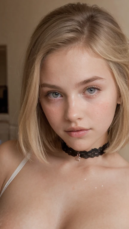 (best quality,4k,highres,masterpiece:1.2),ultra-detailed, anime,beautiful teenailed eyes,beautiful detailed lips,extremely detailed face,fair-skinned,short white hair,huge breasts and leaking tits,short clothes,sexy pose,flawless skin,alluring gaze,innocent smile,choker,erotic,pouty lips,provocative expression,vibrant colors,soft lighting, seductive atmosphere