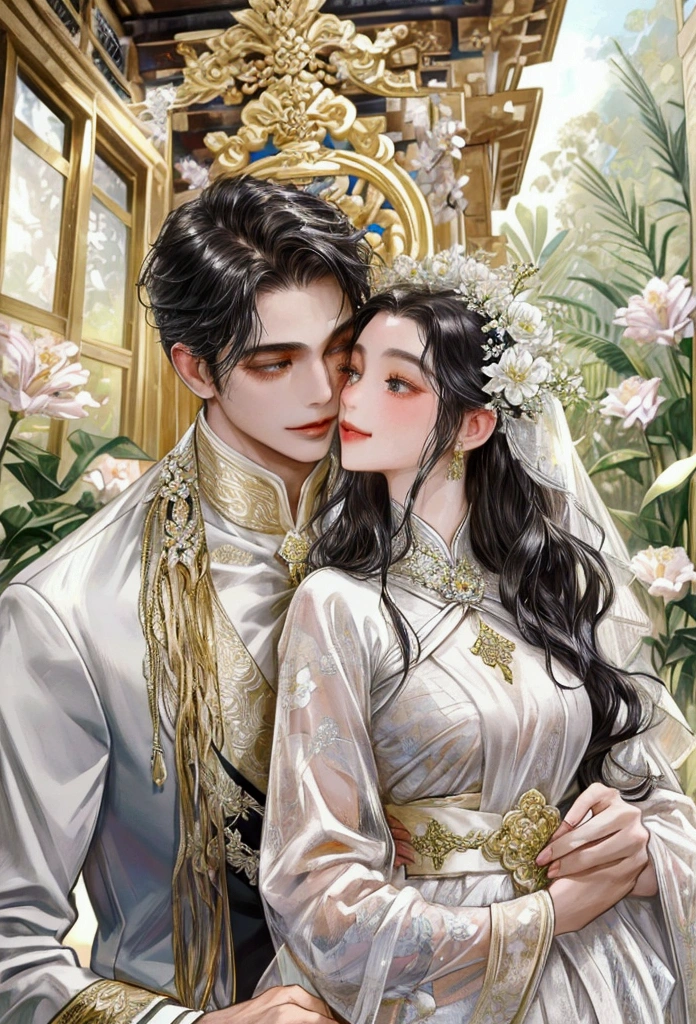 masterpiece, best quality, couple, kissing in white flower bloom forest, black wavy hair, flower blossom, light smile, white wedding suit, detailed face, detailed eyes, detailed body, balinese, temple, javanese style, detailed, accurate