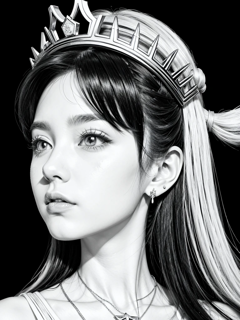 A black and white drawing, black and white vector art, anime vector tracing, clean line art,intense line art,Profile face, anime girl, black and white line art, black on white line art, black and white manga style, anime woman profile svg 2 colors black and white very thin lines. earrings, ear. jewerly, egypt necklace, crown on head, large crown, Egito, Egyptians