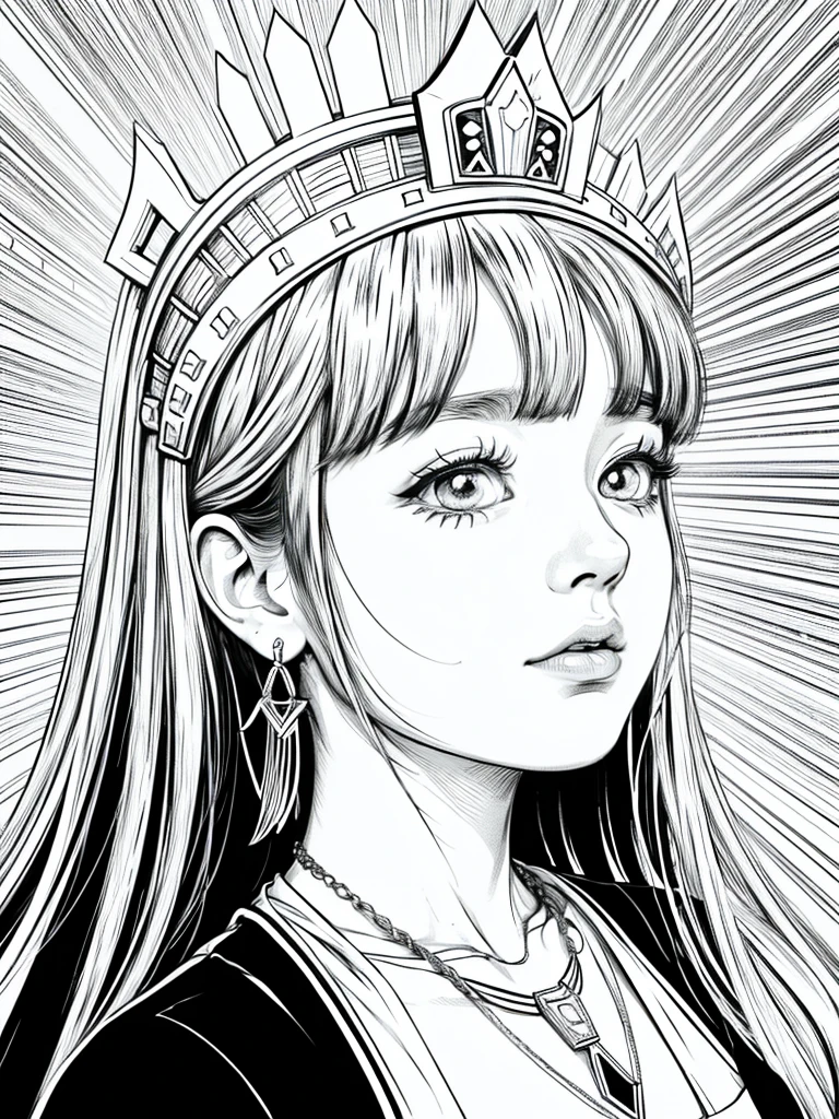 A black and white drawing, black and white vector art, anime vector tracing, clean line art,intense line art,Profile face, anime girl, black and white line art, black on white line art, black and white manga style, anime woman profile svg 2 colors black and white very thin lines. earrings, ear. jewerly, egypt necklace, crown on head, large crown, Egito, Egyptians