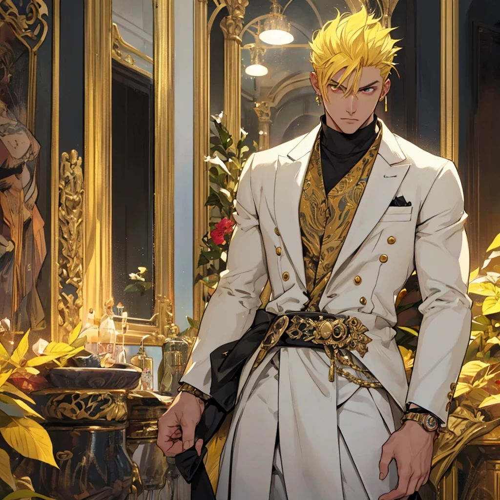 Man with an adult face, athletic body. yellow hair, golden hair, blonde hair, short hair on the sides of the head. tez morena, brown skin color. slanted red eyes. fierce look. Luxurious king&#39;s suit. corona. Man with a threatening look. rey. formal. luxurious. background of a castle. 