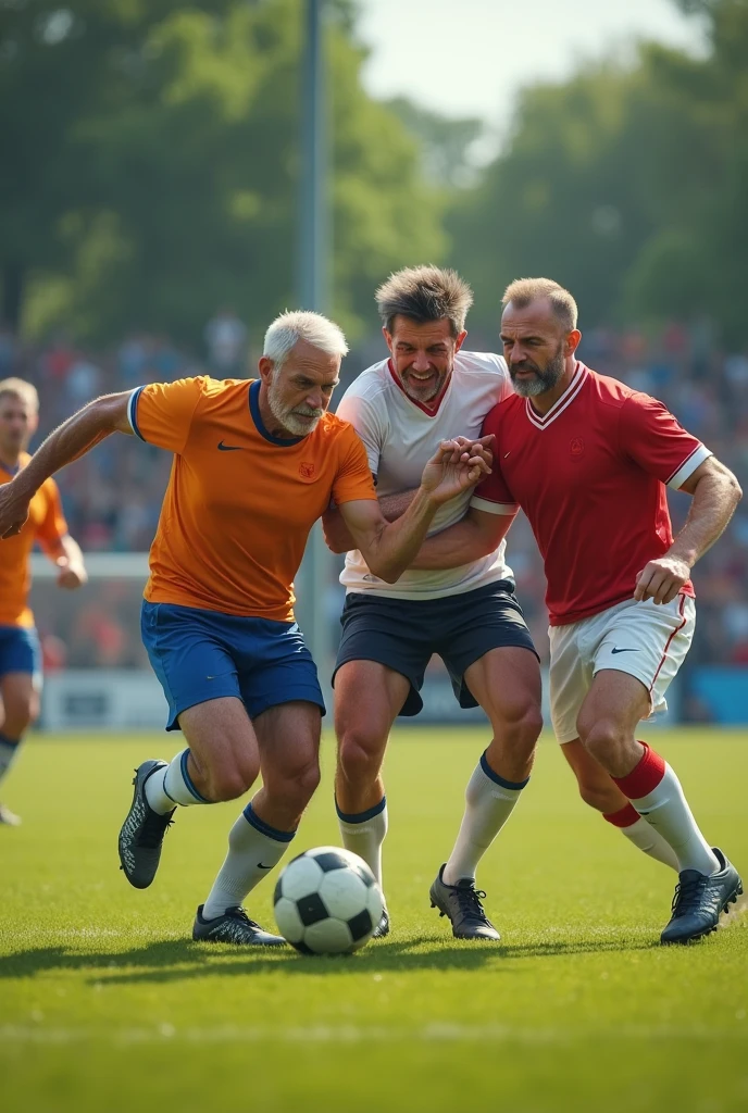 Image of men between 35 and 55 years old playing soccer in sportswear