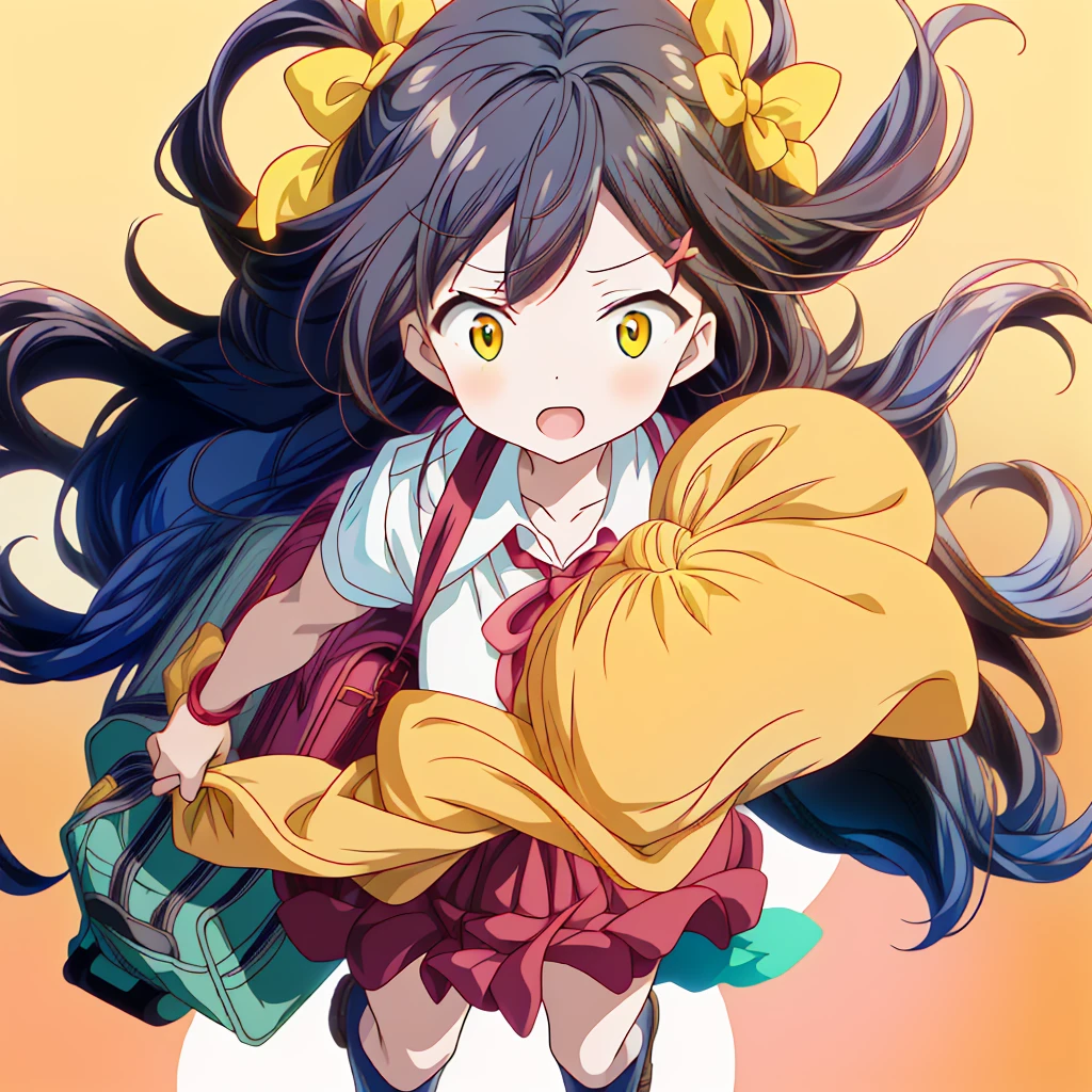 1girl,(((Perfect Anatomy、Highest quality、Masterpiece、Official Art、Super detailed、Dynamic structure、Anime Style)))、Elementary school students、Red dress with large yellow buttons around the waist、White Y-shirt、Red on the neck🎀、White knee-high socks、Brown Loafers、Carrying a red backpack、A soprano recorder is visible from the school bag.、Being buffeted by strong winds、Image from above、Strong wind blowing from the viewer's side、Strong wind blowing from the direction of travel, hair blowing back、Yellow simple background、Black Hair、storm、