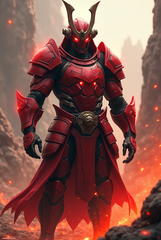alien cybernetic samurai in crimson armor, muscular, glowing aura