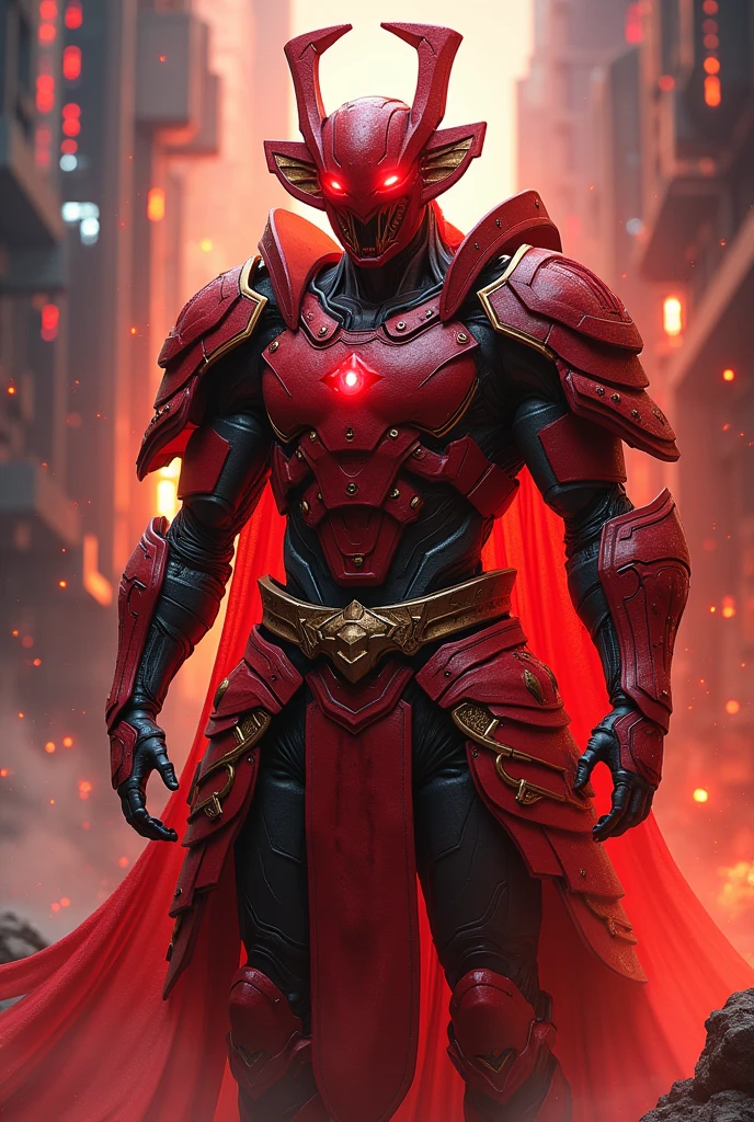 alien cybernetic samurai in crimson armor, muscular, glowing aura